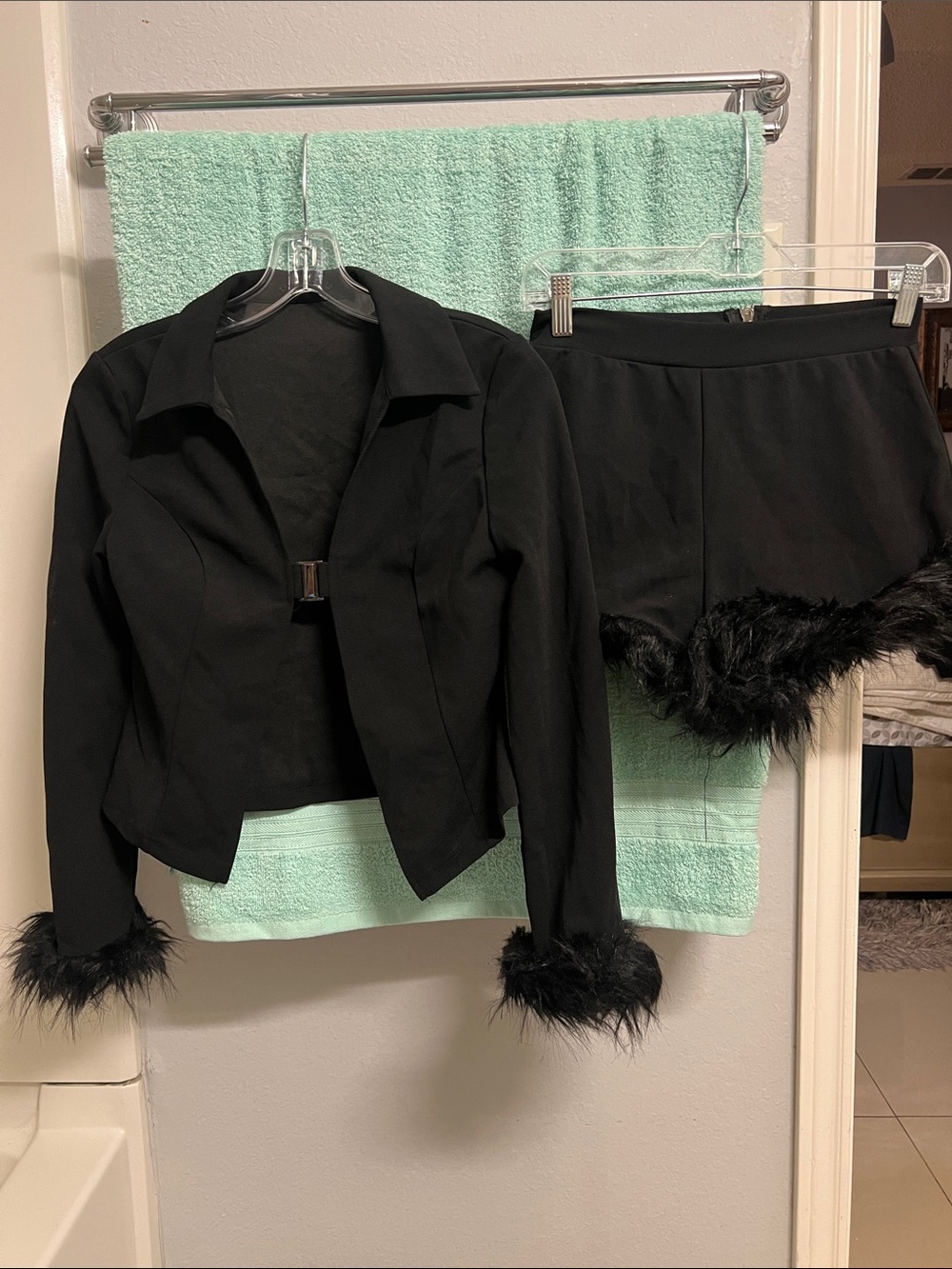 Black Feather Trim Jacket and Mini Short Set